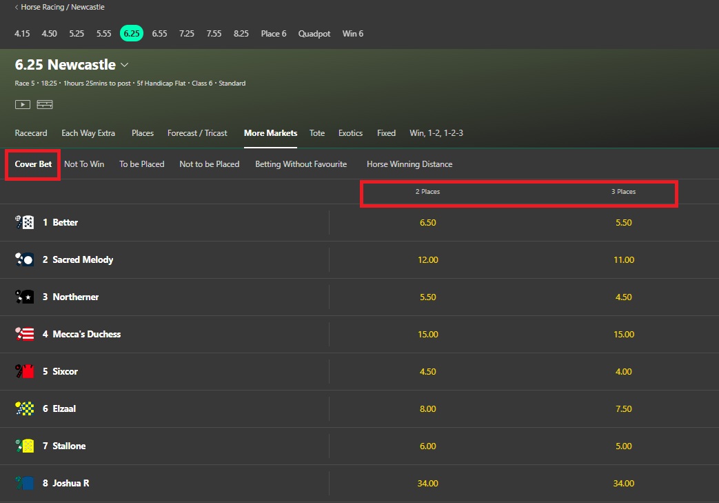 bet365 newcastle 6.25pm racecard with the cover bet tab highlighted and the 2 & 3 places column headers highlighted